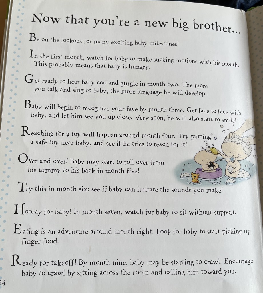 page from a book addressing developmental milestones that older siblings can look for